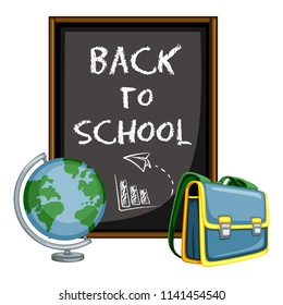 Cartoon School Equipment Set Near Chalkboard, Back to School Concept, Globe and Backpack Vector Illustration Isolated on White Background. Set of School Stationery Tools. School and Office Supplies.