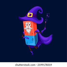 Cartoon school eraser mage, wizard or warlock character. Isolated vector office stationery enchanter Halloween personage in violet cape and witch hat with magic wand in hand. Tool for erasing writings