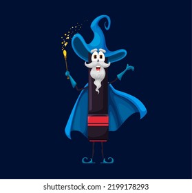 Cartoon school felt-tip pen marker wizard, warlock character. Funny vector marker or highlighter personage. Office stationery in cape and witch hat conjure with wand. Isolated senior wiz writing tool