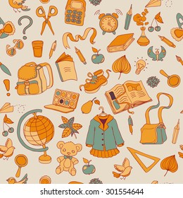 cartoon school fun pattern. Seamless pattern with alarm clock, bags, glasses, stars, books. back to school