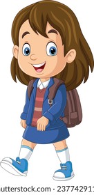 Cartoon school girl with backpack go to school