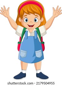 Cartoon School Girl Backpack Waving Hand Stock Vector (Royalty Free ...