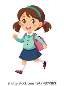 Cartoon School Girl with Bag in Hand Vector Illustration isolated on white background