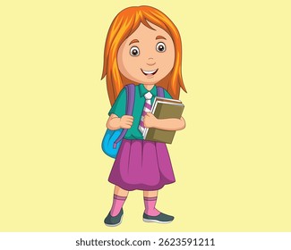Cartoon school girl in uniform with book and backpack vector illustration