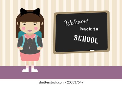 Cartoon school girl vector background. Back to school illustration.