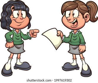 Cartoon school girls with uniform talking. Vector clip art illustration with simple gradients. Each on a separate layer.
