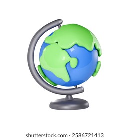 Cartoon school globe 3d Education icon. Learning geography symbol. Planet Earth Green continents and blue ocean on white background.