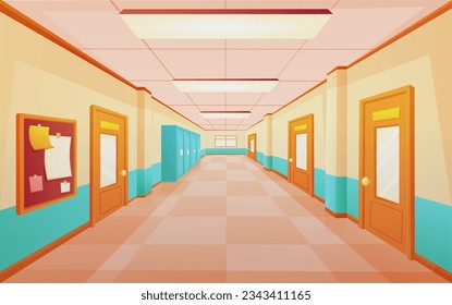 Cartoon school hallway, halls or corridor perspective graphic art. Inside college building, campus interior with doors and lockers, nowaday vector scene