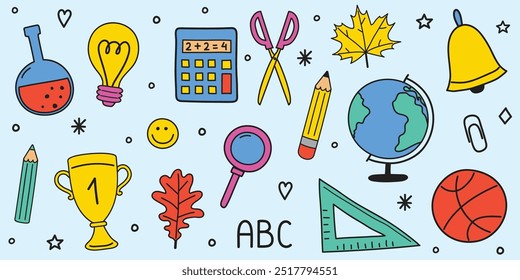 Cartoon school icon set. Colourful hand drawn stickers. Vector illustration