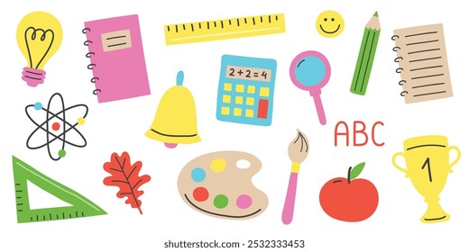 Cartoon school icon set. Cartoon stationery. Vector illustration