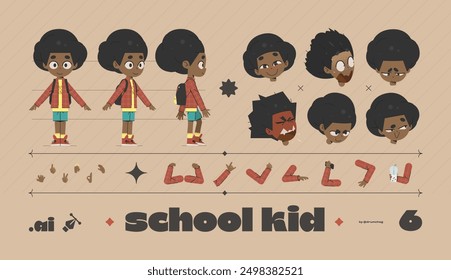 Cartoon School Kid Character Illustration Set for Animation. Collection of Face Expressions. Additional Hand Parts with Different Position