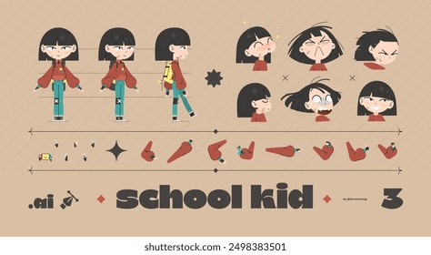 Conjunto de ilustración de personaje de niño de escuela de dibujos animados para animación. Colección de expresiones faciales. Piezas de mano adicionales con diferente posición