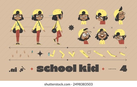 Cartoon School Kid Character Illustration Set for Animation. Collection of Face Expressions. Additional Hand Parts with Different Position