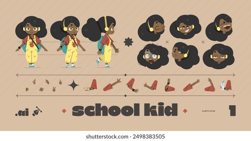 Cartoon School Kid Character Illustration Set for Animation. Collection of Face Expressions. Additional Hand Parts with Different Position