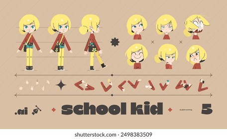 Cartoon School Kid Character Illustration Set for Animation. Collection of Face Expressions. Additional Hand Parts with Different Position