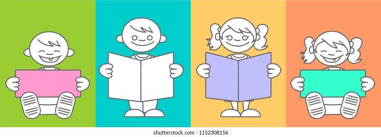 Cartoon school kid characters. Young children standing and sitting and reading books. Kindergarten boys, girls. 2d outline illustration vector