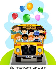 Cartoon School Kids Riding a School Bus