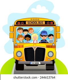 Cartoon School Kids Riding a School Bus