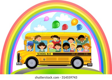 Cartoon School Kids Riding a School Bus