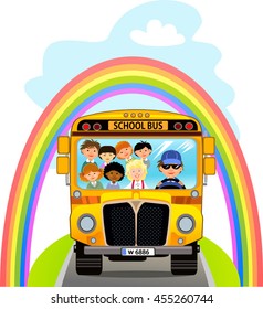 Cartoon School Kids Riding a School Bus