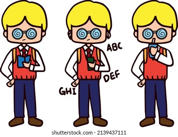 Cartoon School kids student character vector set. School boy with 3 different standing poses. Isolated character. Vector Illustration. EPS10.
