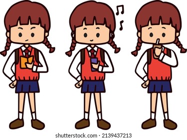 Cartoon School kids student character vector set. School girl with 3 different standing poses. Isolated character. Vector Illustration. EPS10.