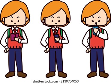 Cartoon School kids student character vector set. School boy with 3 different standing poses. Isolated character. Vector Illustration. EPS10.