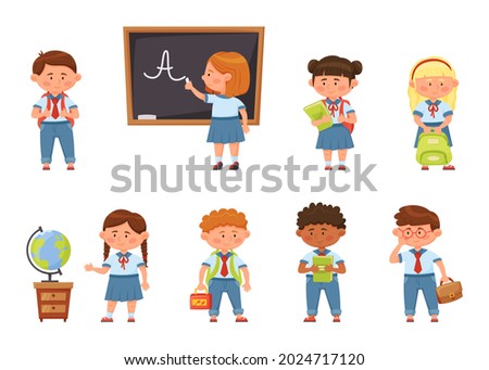 Cartoon school kids in uniform, elementary students with backpacks. Cute pupils holding books, children on first day of school vector set. Classmates holding lunch box, looking at globe