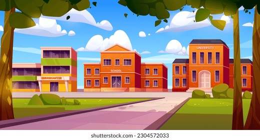 Cartoon school, kindergarten, university buildings. Vector illustration of city street with educational institutions, green lawn and trees on campus, blue sky with fluffy clouds. Modern architecture