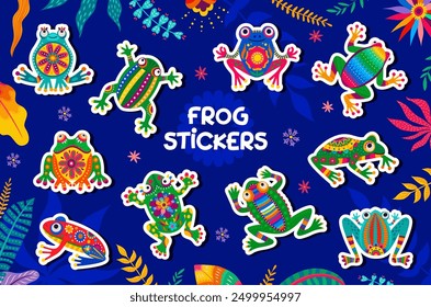 Cartoon school Mexican frog stickers vector set. Colorful toad animal patches with decorative flowers, leaf elements, floral patterns and bright colors in playful and lively alebrije style of Mexico