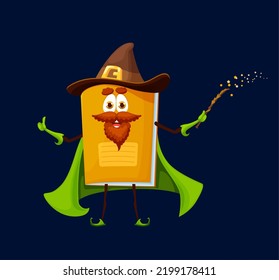 Cartoon school notebook wizard, warlock or mage character. Cute vector notepad Halloween personage wear green cloak and witch hat. Isolated funny diary stationery for education making spell with wand