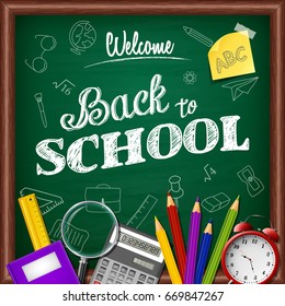 Cartoon School And Office Supplies On Chalkboard Background