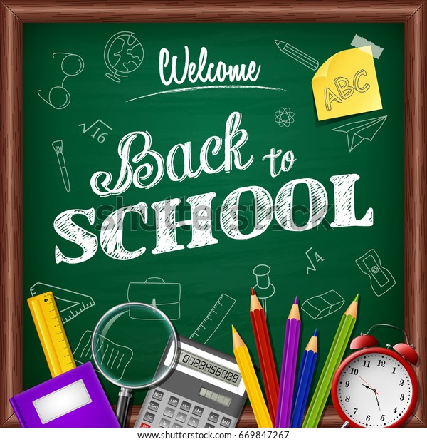 Cartoon School Office Supplies On Chalkboard Stock Vector (Royalty Free ...