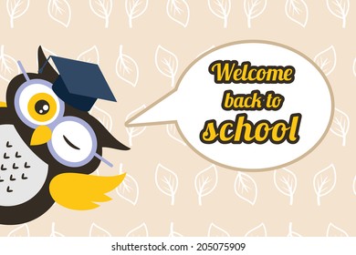 Cartoon school owl character vector background. Back to school illustration.