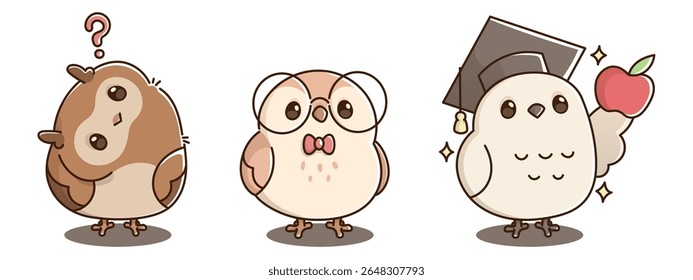 Cartoon school owls - confused brown bird with question mark, nerdy wearing glasses and bowtie, smart holding apple with graduate hat. Cute educational characters for learning classroom decorations.