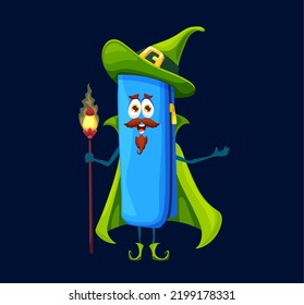 Cartoon school pencil case mage, wizard or warlock character. Vector box for pens and educational tools. Isolated smiling wiz wear green cape and witch hat. Happy comic Halloween personage with staff