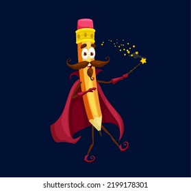 Cartoon school pencil wizard, mage or warlock character. Isolated vector office stationery personage wear red cloak making spell with wand. Funny wooden wiz, mustached enchanter writing tool with