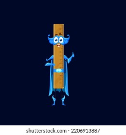 Cartoon school ruler superhero character. Isolated vector funny straightedge stationery measurement tool for math and geometry lessons. Superhero smiling scale personage wear blue cloak and mask