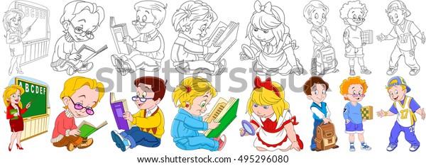 Cartoon School Set Young Teacher Pointing Stock Vector Royalty Free 495296080