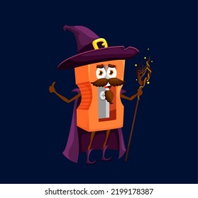 Cartoon school sharpener wizard, warlock or sorcerer character. Vector office supplies, stationery for sharpening pencils funny personage in purple cloak and witch hat stand with magic staff in hand