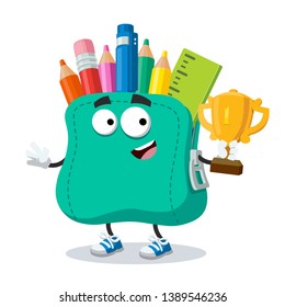 cartoon school soft pencil case mascot holds the number one cup on white background
