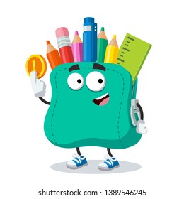 cartoon school soft pencil case mascot keeps the coin on white background