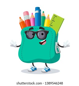 cartoon school soft pencil case character mascot in black sunglasses on a white background