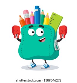 cartoon school soft pencil case mascot in red boxing gloves on white background