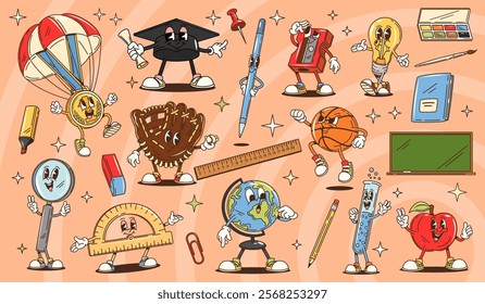 Cartoon school stationery groovy characters of cute retro pen, pencil, ruler and globe. Psychedelic school supplies vector personages, groovy sharpener, graduation hat and apple, medal and magnifier