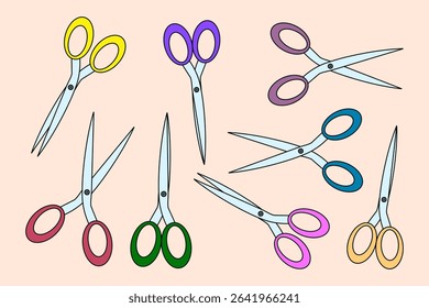 Cartoon school stationery supplies set with scissors of different colors handles on light peach background. For back to school stationery concept, education visual, educational theme, classroom decor.