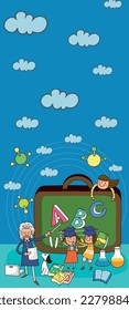 The cartoon school student standing at the school gate, with his vertical illustrations, guides students' dreams and helps them learn.