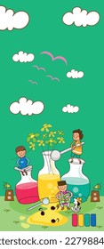 The cartoon school student standing at the school gate, with his vertical illustrations, guides students' dreams and helps them learn.