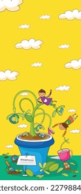 Der Cartoon-Schüler, der am Schultor steht, mit seinen vertikalen Illustrationen führt die Träume der Schüler und hilft ihnen beim Lernen.