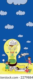 The cartoon school student standing at the school gate, with his vertical illustrations, guides students' dreams and helps them learn.
